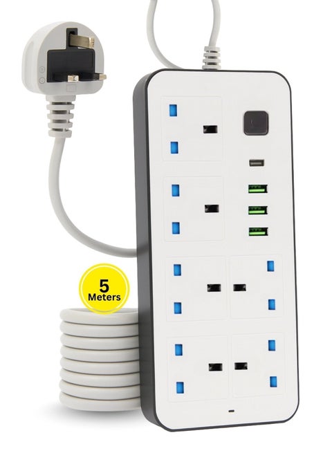 Socket Extension Cord – 2000W Power Strip Extension Wire 5 meter with 6 AC Outlets + 3 USB + 1 PD Type-C | 3.4A Auto-ID Charging | Anti-Static Protection | White | Includes Anti-Static Protection Heavy-Duty Cable for Safe, Efficient Charging
